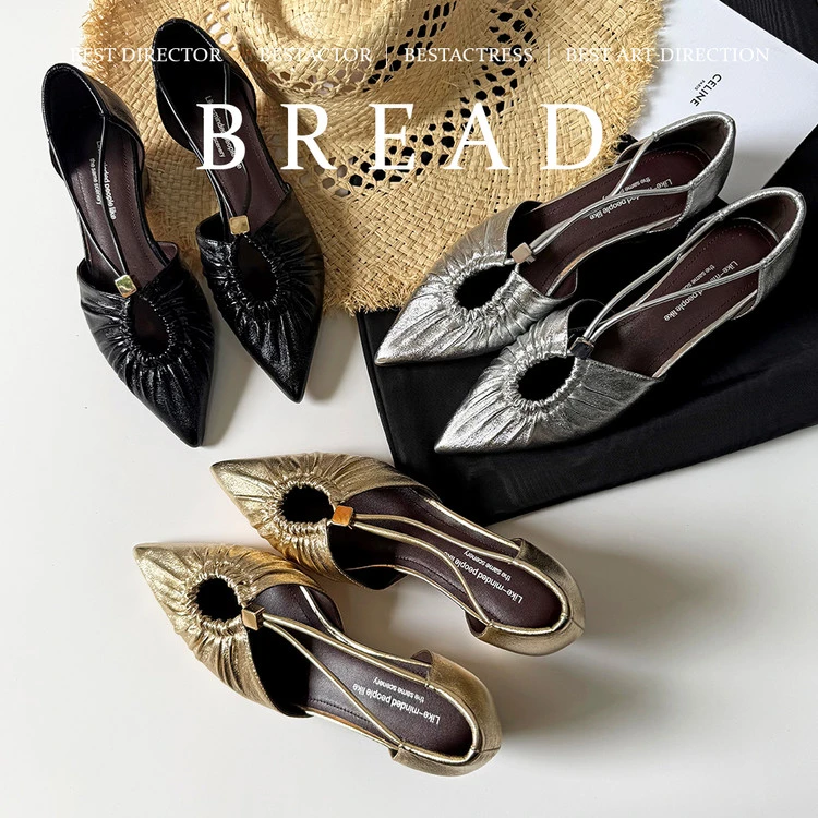 【阿妍】真皮法式尖头小众褶皱镂空包头粗跟浅口坡跟凉鞋女3.5cm