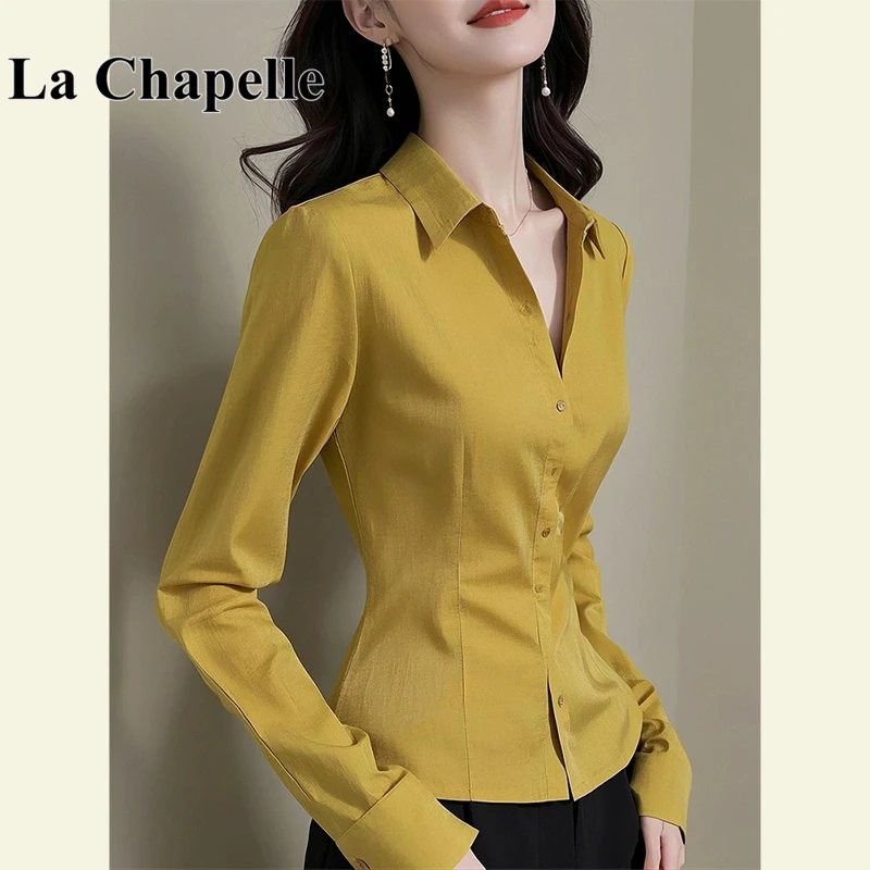 拉夏贝尔春季法式独特漂亮轻奢洋气高级感通勤黄色掐腰长袖衬衫女