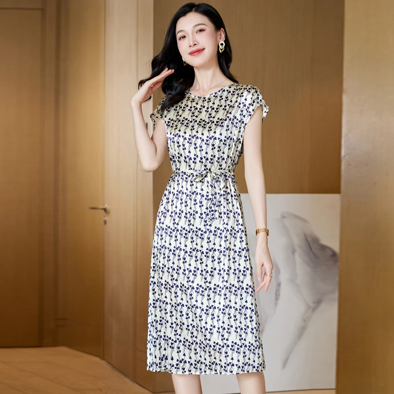 杭州真丝夏季连衣裙时尚优雅圆领印花裙子气质百搭显瘦修身设计