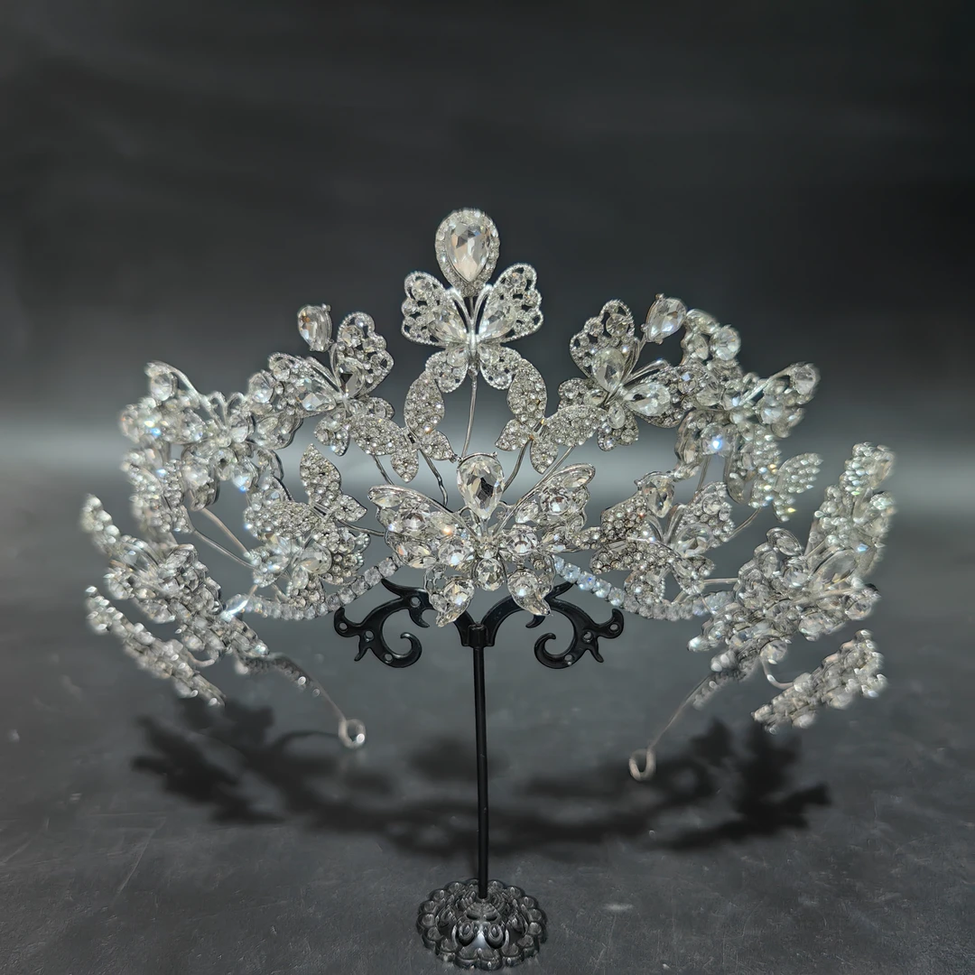 合金仿水晶婚庆饰品 喜看优选00954新娘立体蝴蝶皇冠公主镂空头饰