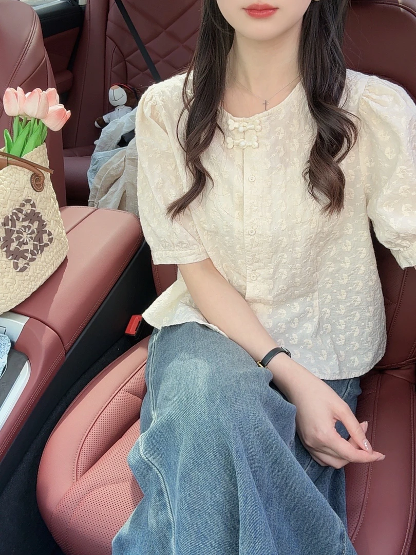 Yusu【月落星沈】夏季减龄感白月光重工刺绣中式盘扣衬衫