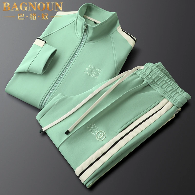 巴格奴休闲运动套装男士春秋时尚高侧条纹拉链外套休闲卫裤两件套