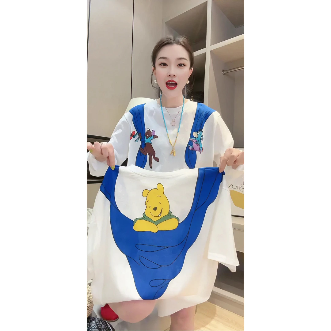 欧货卡通印花披肩小熊减龄显瘦大版宽松百搭休闲T恤上衣女