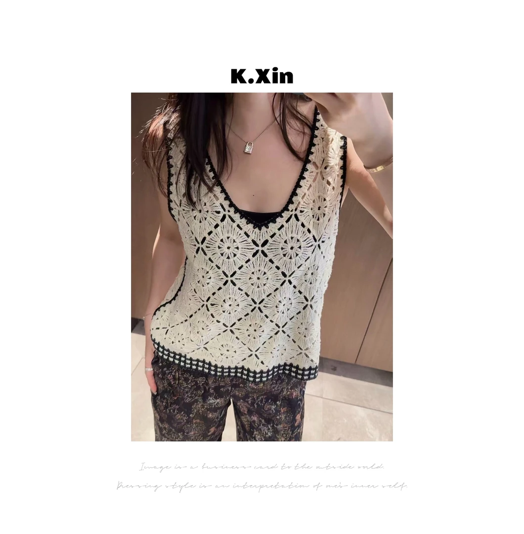 优质棉撞色钩针祖母格镂空套头针织背心马甲上衣修身型气质I6304