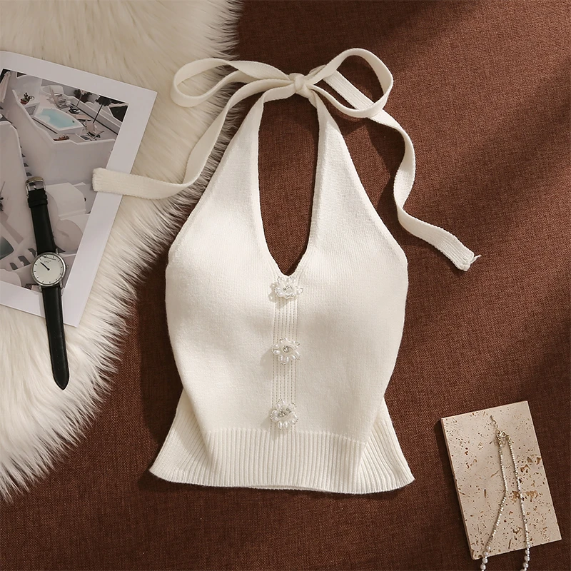 钉珠针织挂脖吊带背心女夏季外穿高级感美背性感打底系带露肩上衣