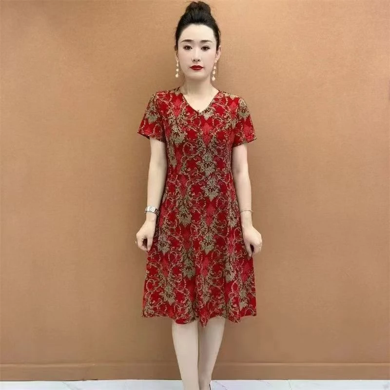 新款妈妈装高档连衣裙印花新款洋气短袖夏季气质显瘦裙子