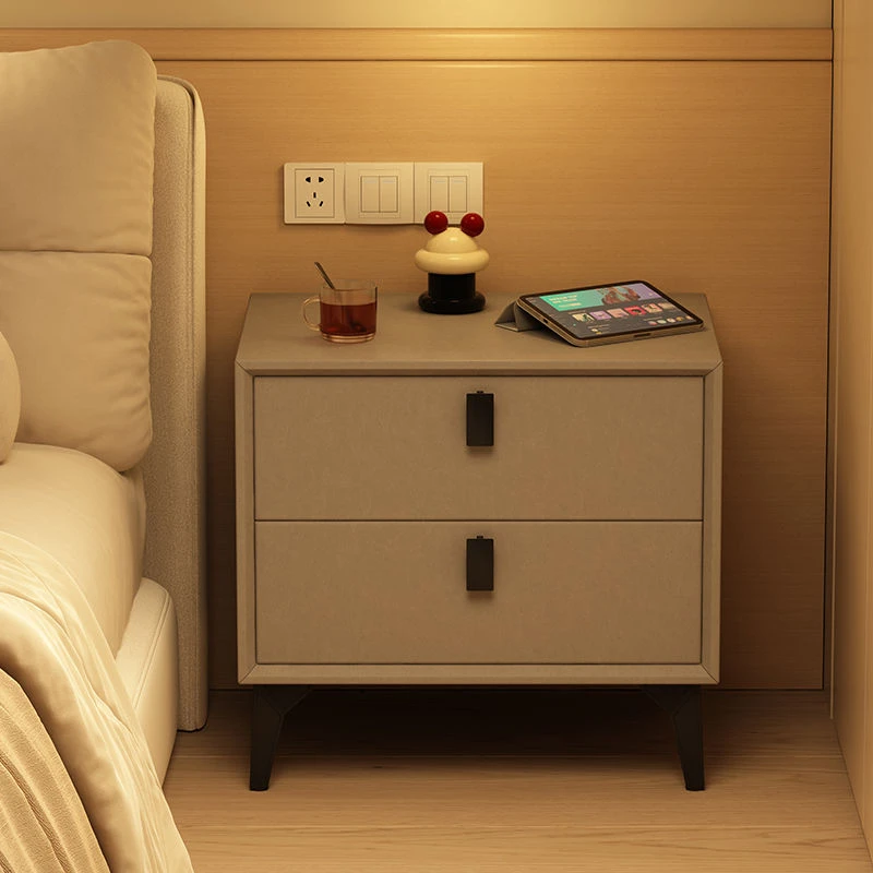 实木床头柜家用轻奢卧室高级皮质简约岩板现代收纳床边柜新款小型