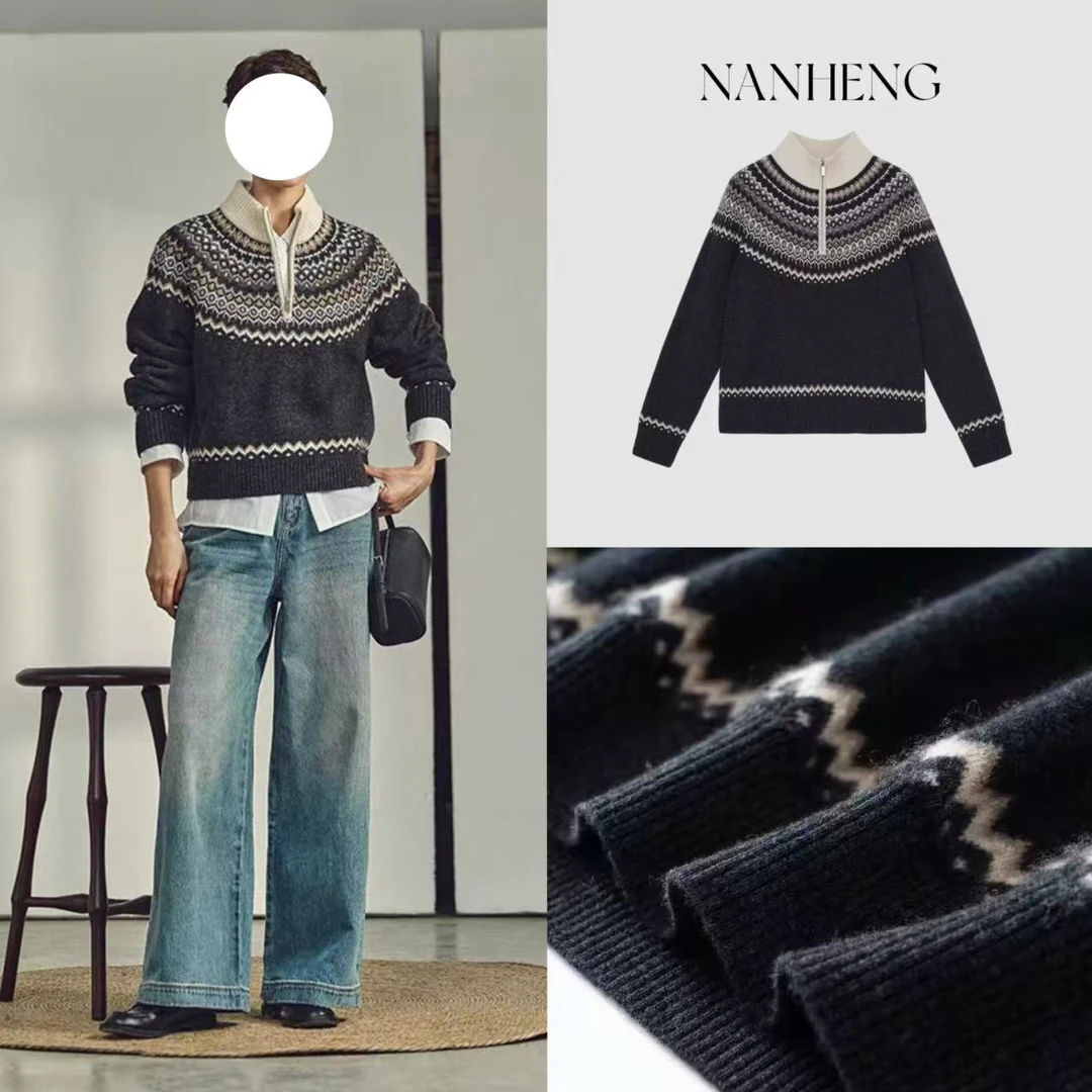 110801女装新款费尔岛提花半拉链套头时尚气质百搭