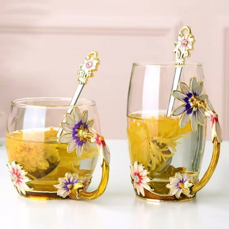 珐琅彩水杯玻璃杯女办公室花茶杯子带盖耐高温情侣杯泡茶随手杯