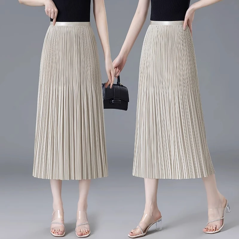 杏色垂坠感半身裙女薄款2025夏季新款压褶松紧中长款a字百褶裙子