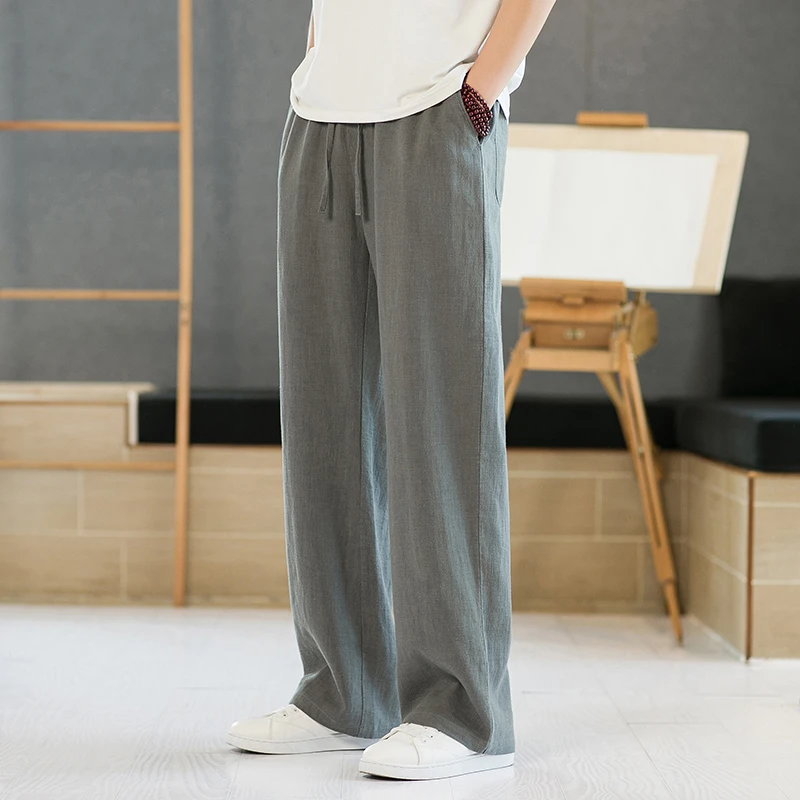 复古文艺风轻薄透气亚麻裤子男夏季宽松直筒裤长裤棉麻阔腿休闲裤
