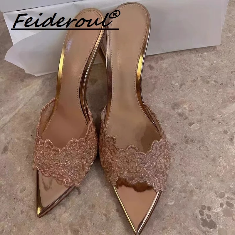 Feideroul尖头宴会高跟鞋2025新款刺绣细跟单鞋香槟金绣花凉拖鞋