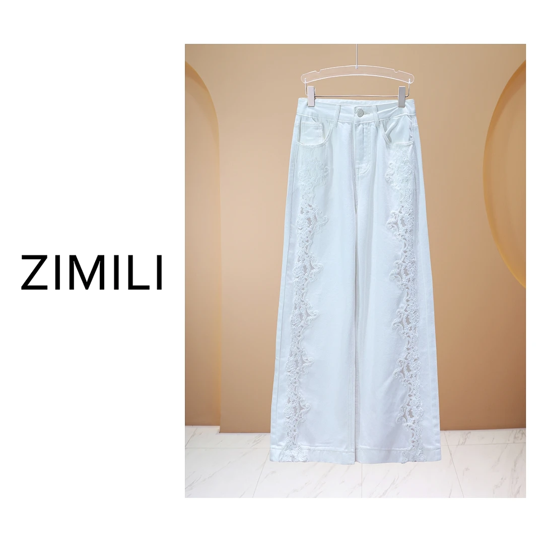 【亮哥女装】2025秋冬云雾白勾花蕾丝刺绣时尚直筒牛仔裤7127-H9