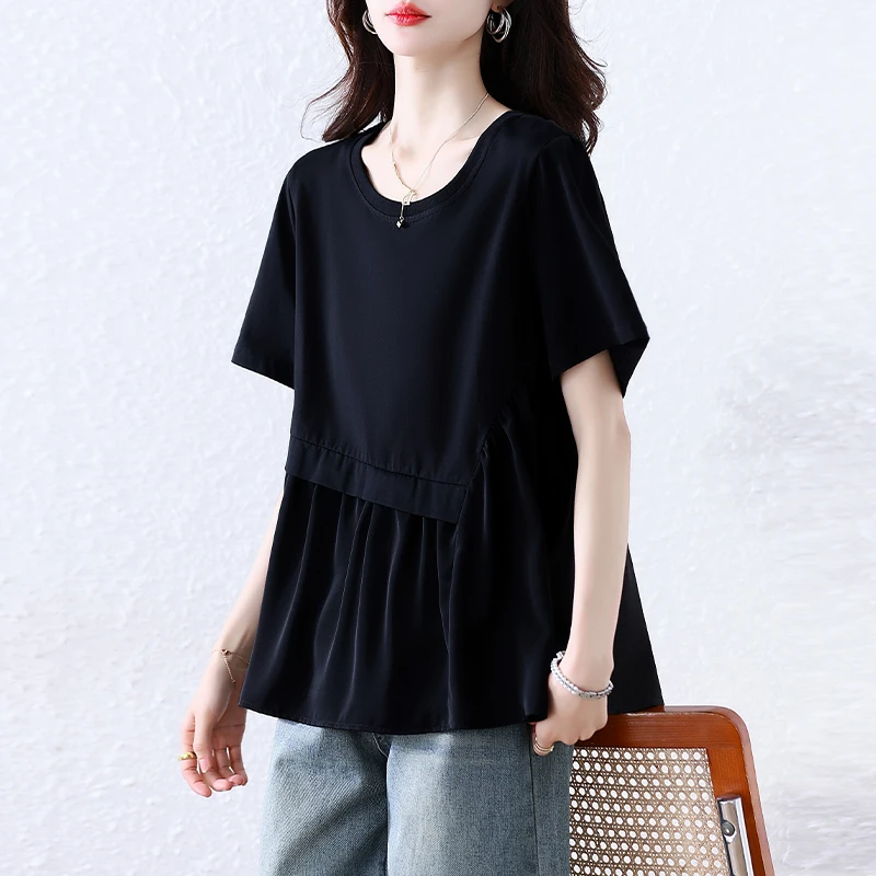 2025夏季新款百搭显瘦宽松时尚胖mm拼接洋气T恤短袖雪纺衫上衣女