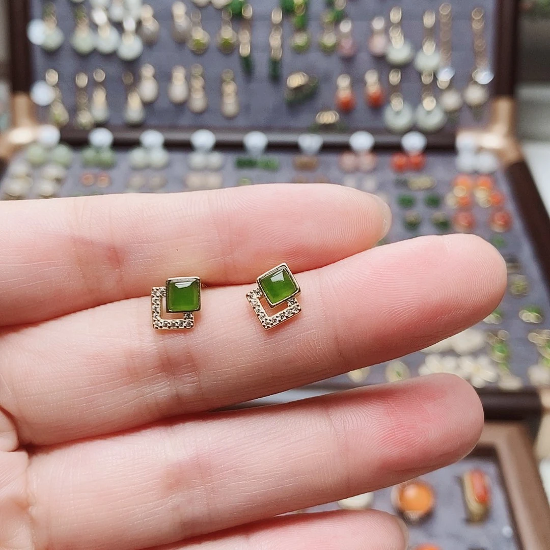 和田玉银S925镶嵌耳饰