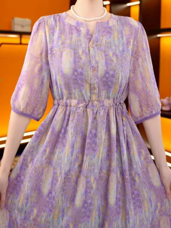 【紫蔷花影】气质优雅百搭抽绳收腰显瘦连衣裙14938