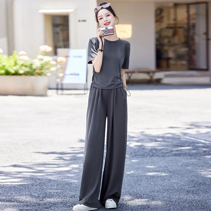 哥弟阿玛施正品冰丝薄款休闲运动套装女夏2025新款遮肉显瘦T恤垂