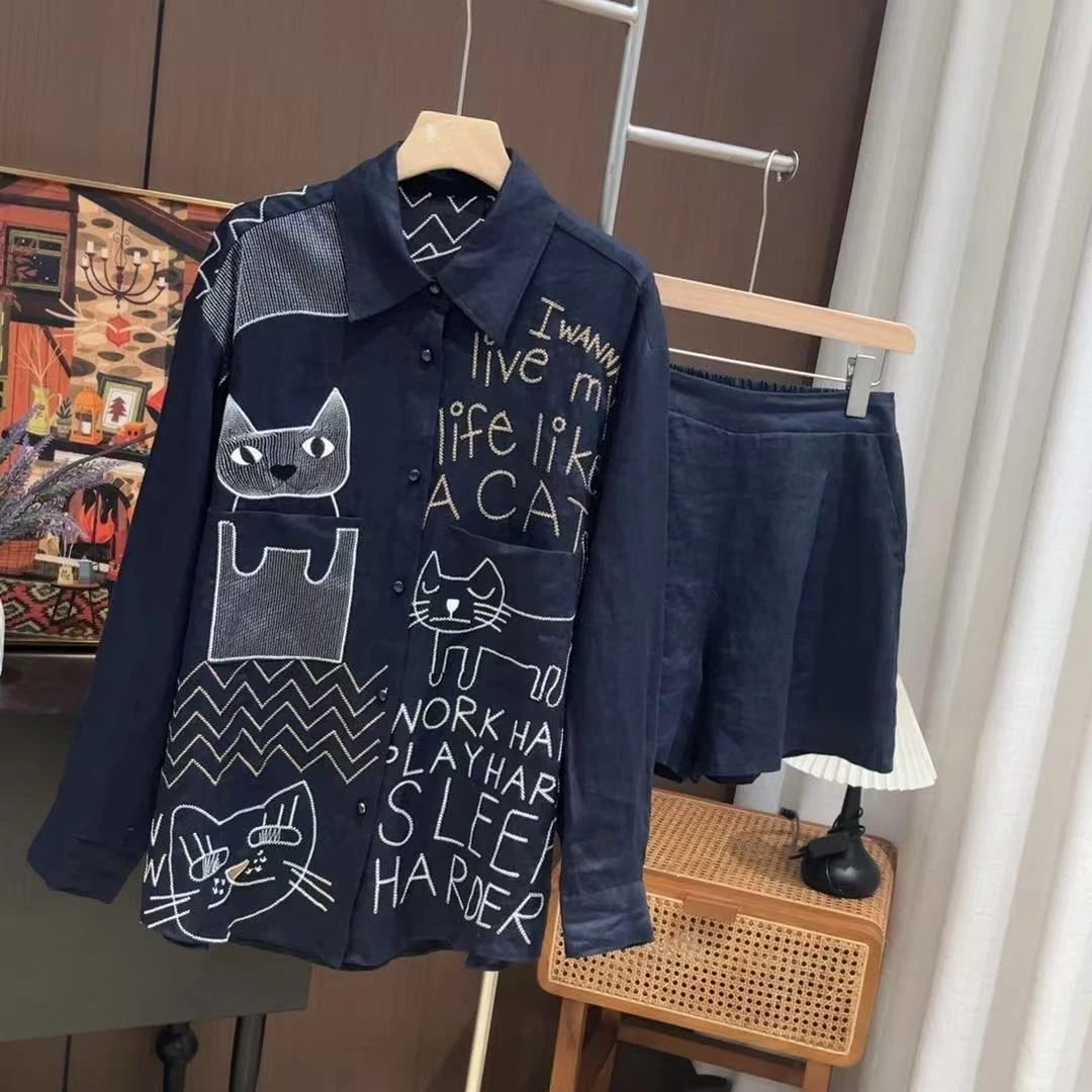 虾皮欧洲站2025夏季新款时尚刺绣卡通猫咪衬衫休闲短裤套装女