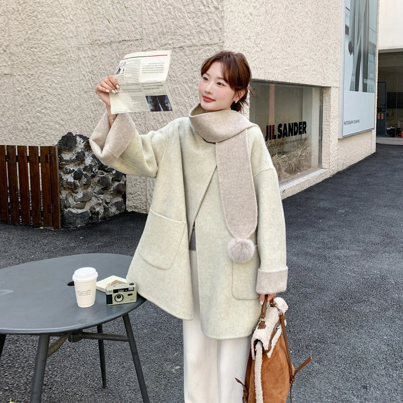 围巾款双面呢大衣2025冬季新款复古简约韩系ins风高智感毛呢外套