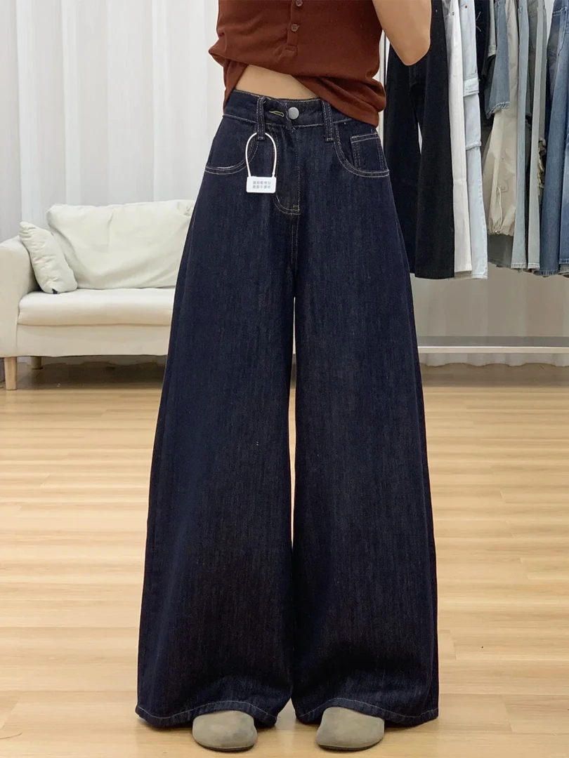 复古丹宁蓝牛仔裤女大码2025早秋新款胖mm高腰显瘦宽松直筒阔腿裤