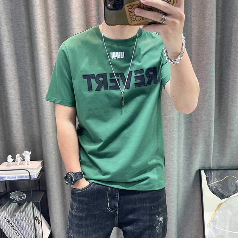 男士短袖t恤2025夏季新款时尚字母刺绣半袖体恤衫休闲男装上衣潮