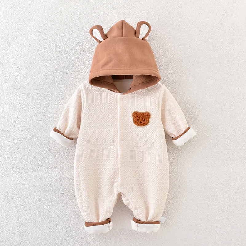 婴儿双层连体衣春装新生儿保暖哈衣洋气宝宝外出服春季外穿
