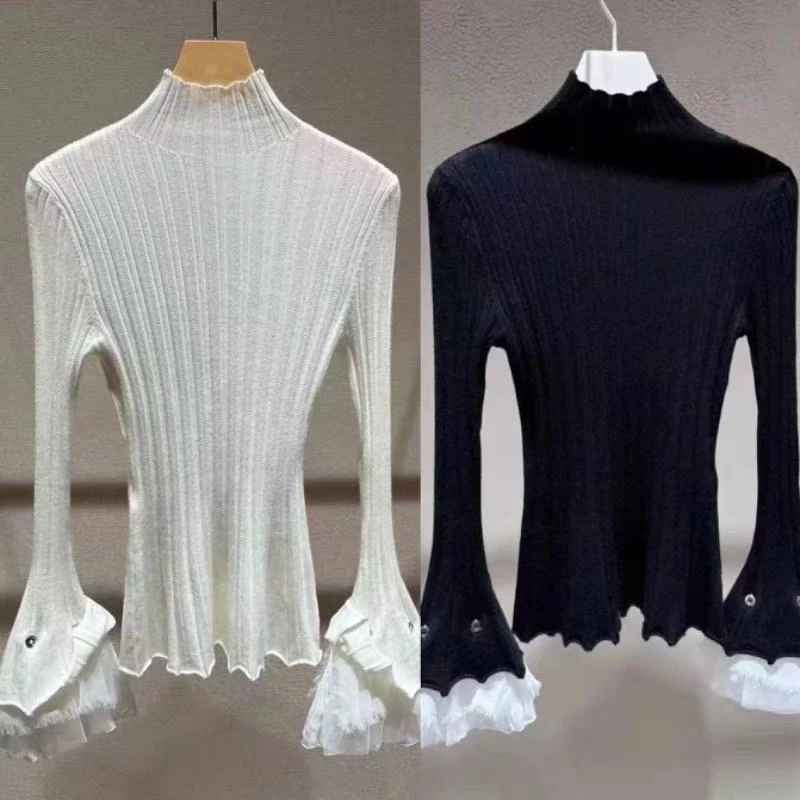 辰辰店黑色白色荷叶边拼接网纱打底上衣