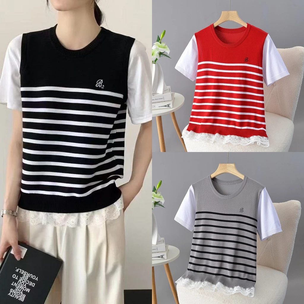 大码胖mm洋气显瘦百搭拼接蕾丝短袖针织衫女夏季新款宽松遮肉上衣