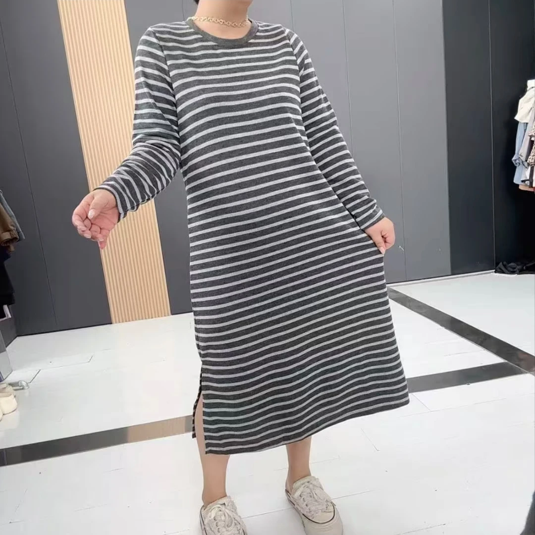 大码女装早秋新款慵懒风圆领双面印图遮肉显瘦宽松长袖连衣裙9133