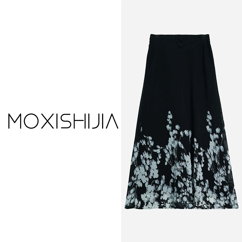 X2379-1【苏琳琳】高腰薄款水墨画显瘦黑色宽松裙裤