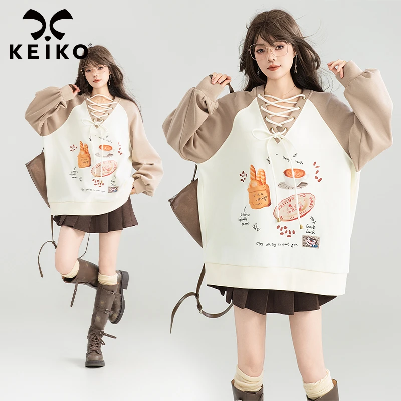 KEIKO 设计感绑带V领插肩袖卫衣女2025早秋美式慵懒休闲宽松外套