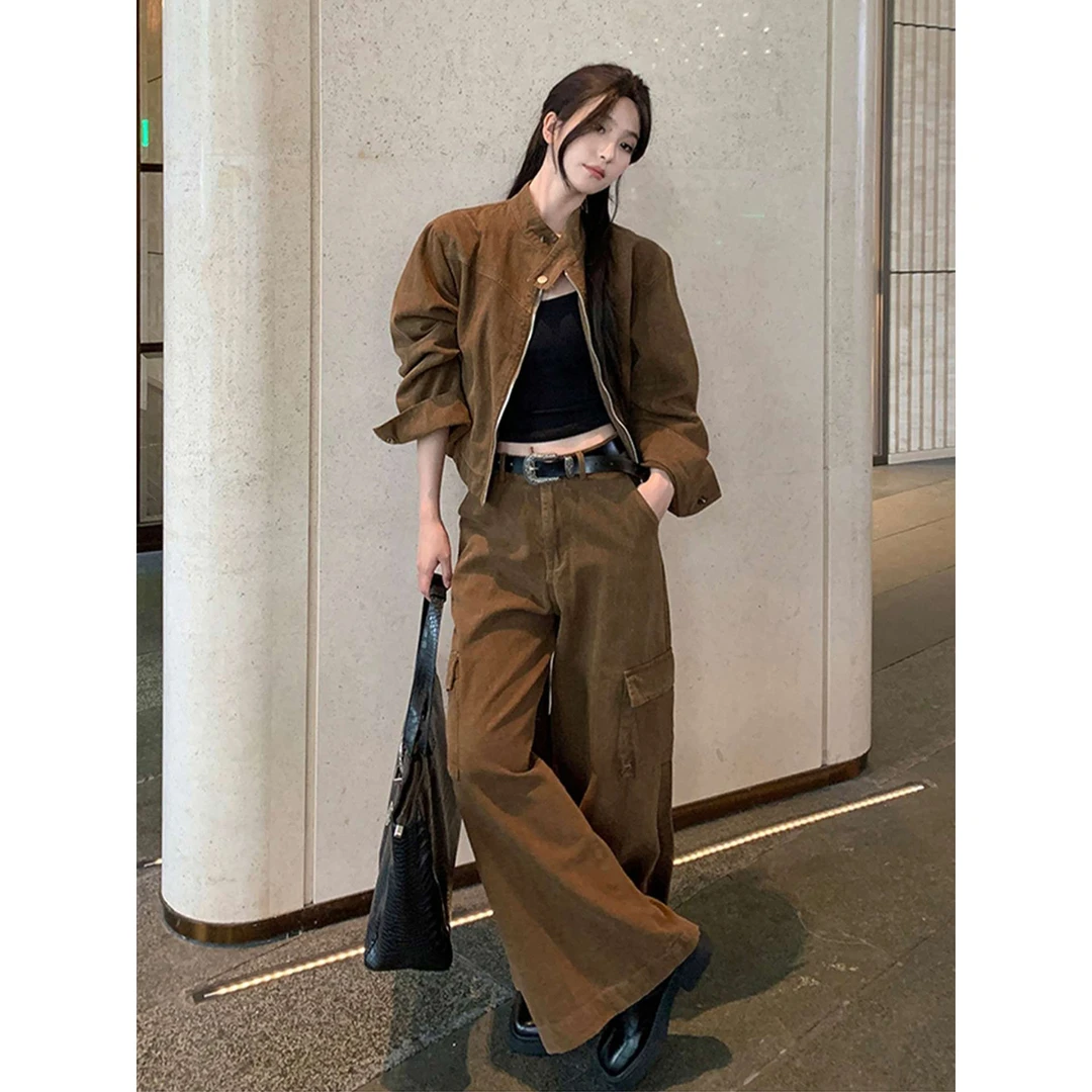 美拉德初秋穿搭高级感套装女宽松覆古工装风夹克外套阔腿裤两件套