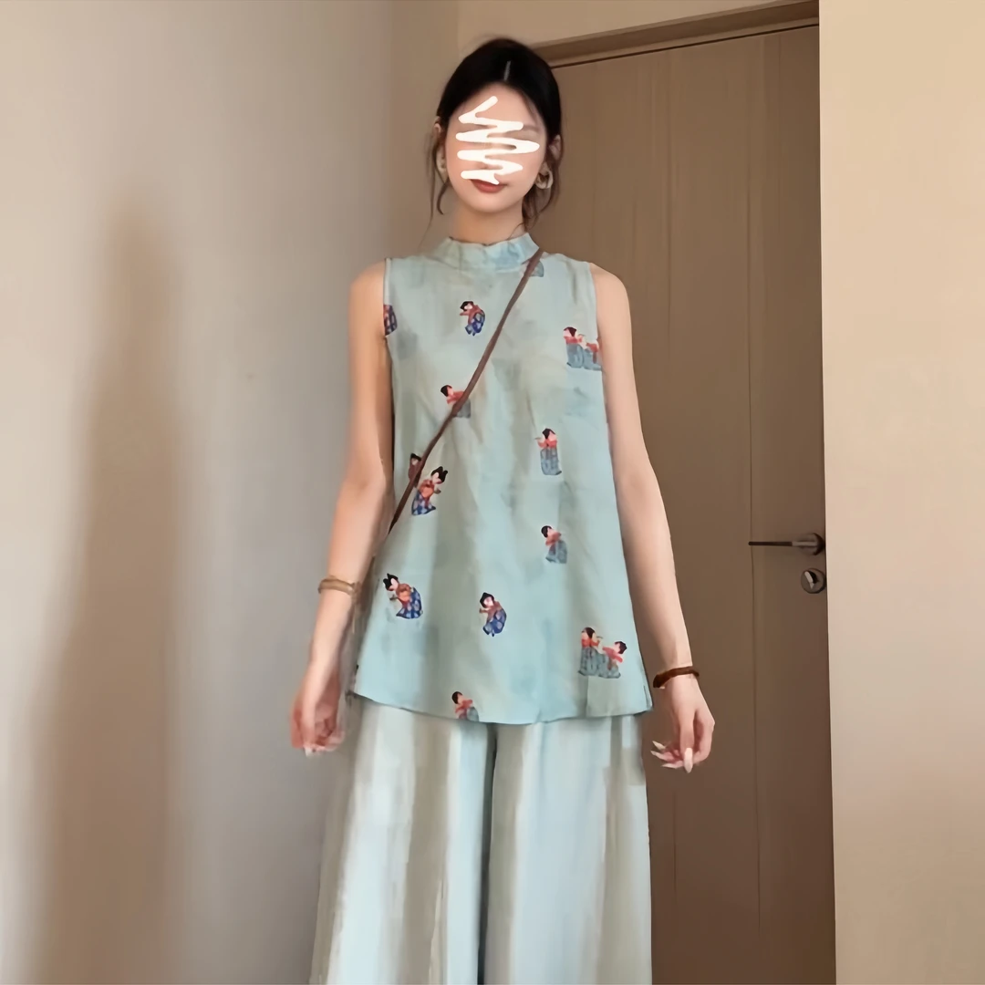 国风夏季新款小唐人古风气质无袖上衣加高腰松紧裤裙套装