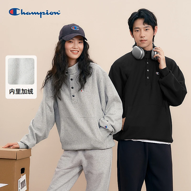 Champion按扣半高领套头卫衣2025春季新款休闲百搭加绒长袖情侣款