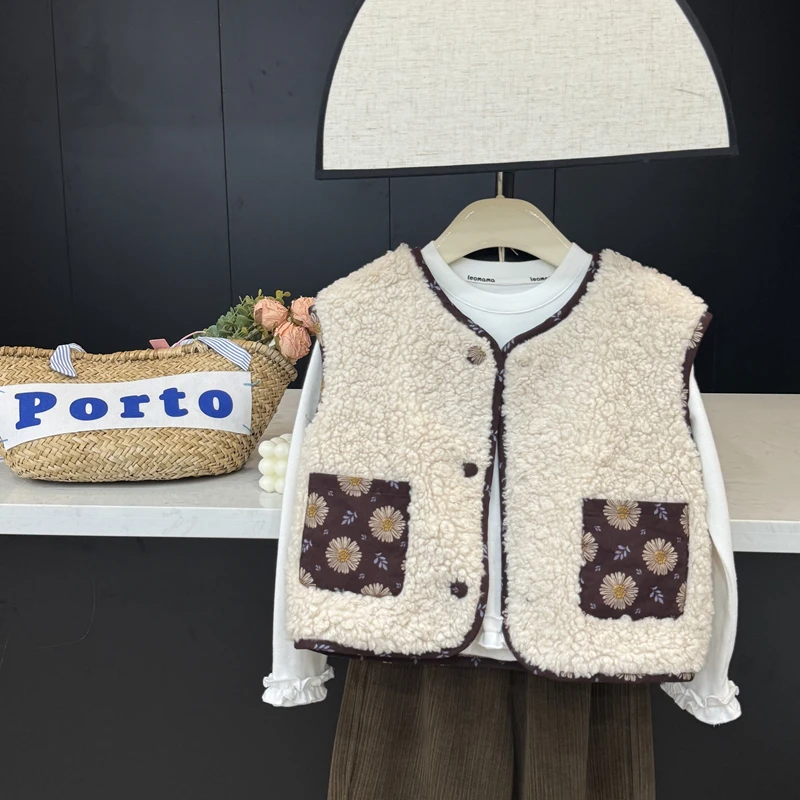 leomama【花千朵】女童夹棉保暖马甲秋冬中大童毛绒两面穿开衫外套