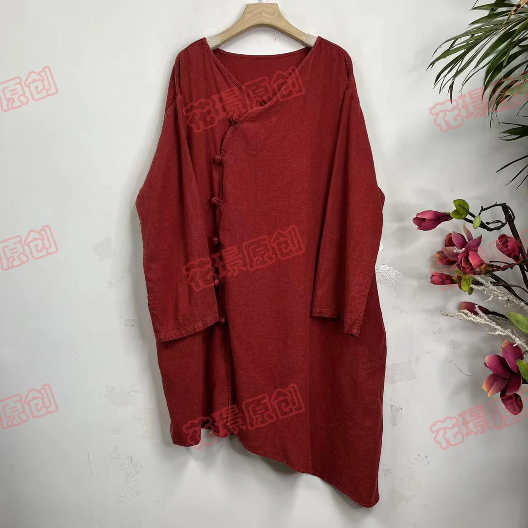 花璟与麻原创小V领盘扣不规则盘扣中长款袍裙（衣长85-94胸围140）