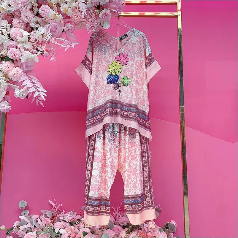 A1762欧美设计师2025夏季新款重工钉珠刺绣亮片立体花朵休闲套装