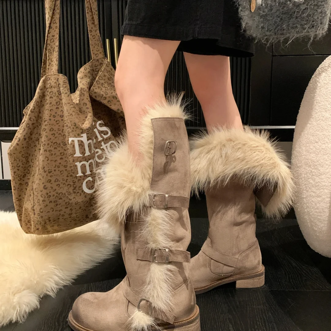 冬季新款莫斯科俄式高筒帕扣厚绒时尚百搭毛毛长靴