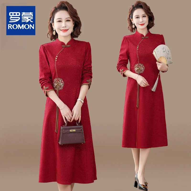 妈妈婚宴礼服秋装连衣裙喜婆婆秋装中老年女装红色春秋季结婚裙子