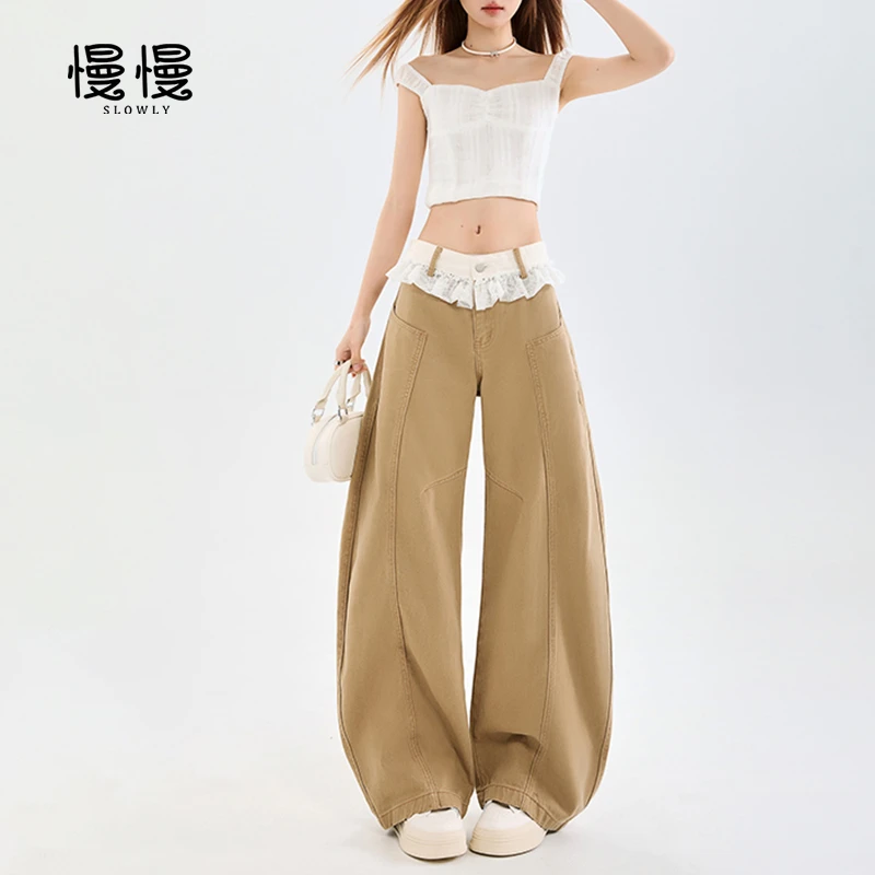 辣妹小众卡其色弯刀牛仔裤女春夏2025爆款高腰显瘦阔腿裤蕾丝花边