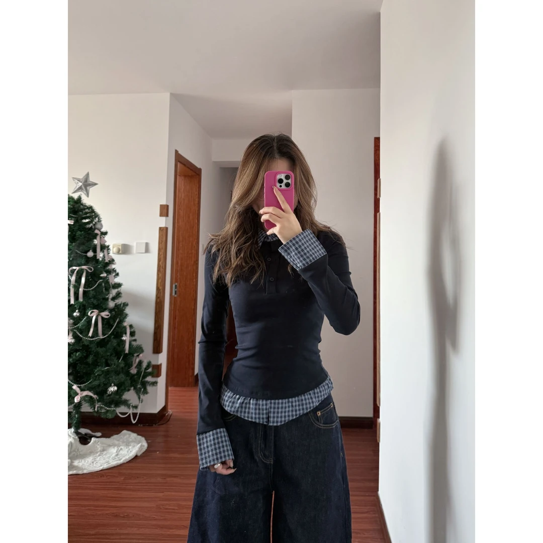 秋冬新款复古港风长袖打底衫女韩版设计感显瘦POLO领上衣女