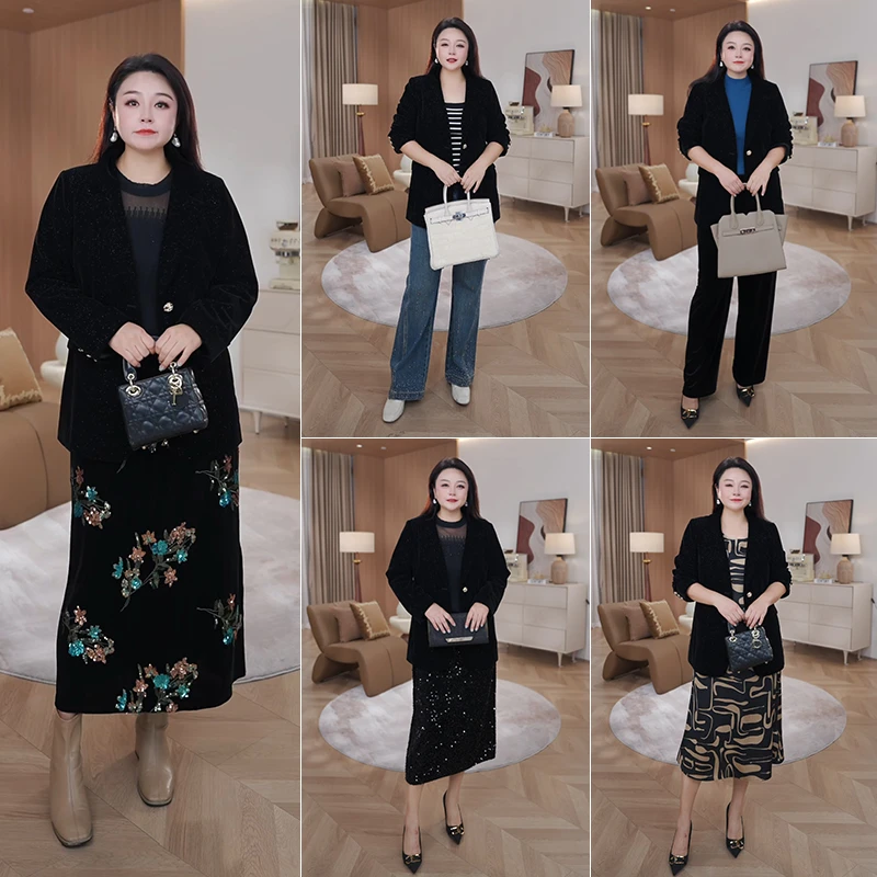 【现货】MsShe大码女装秋气质平驳领闪粉丝绒西装外套J~B2509004