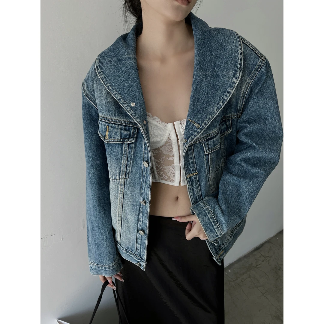 雨哥水洗香蕉领蓝色牛仔外套女早春休闲宽松上衣