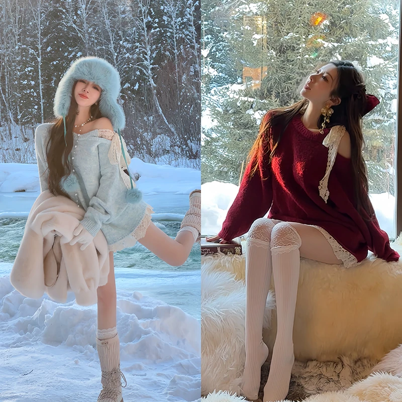 小雨姐姐新款【安妮尔毛衣】温柔风蕾丝蝴蝶结系带宽松针织毛衣女