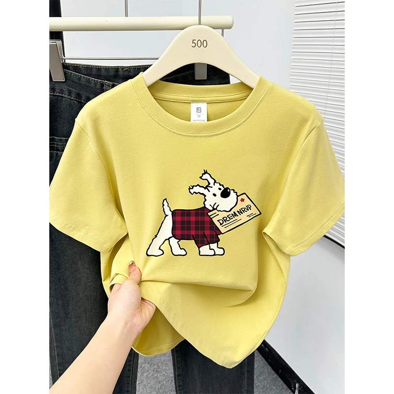 洋气小狗印花正肩短袖t恤女夏季新款韩版休闲设计感半袖圆领上衣