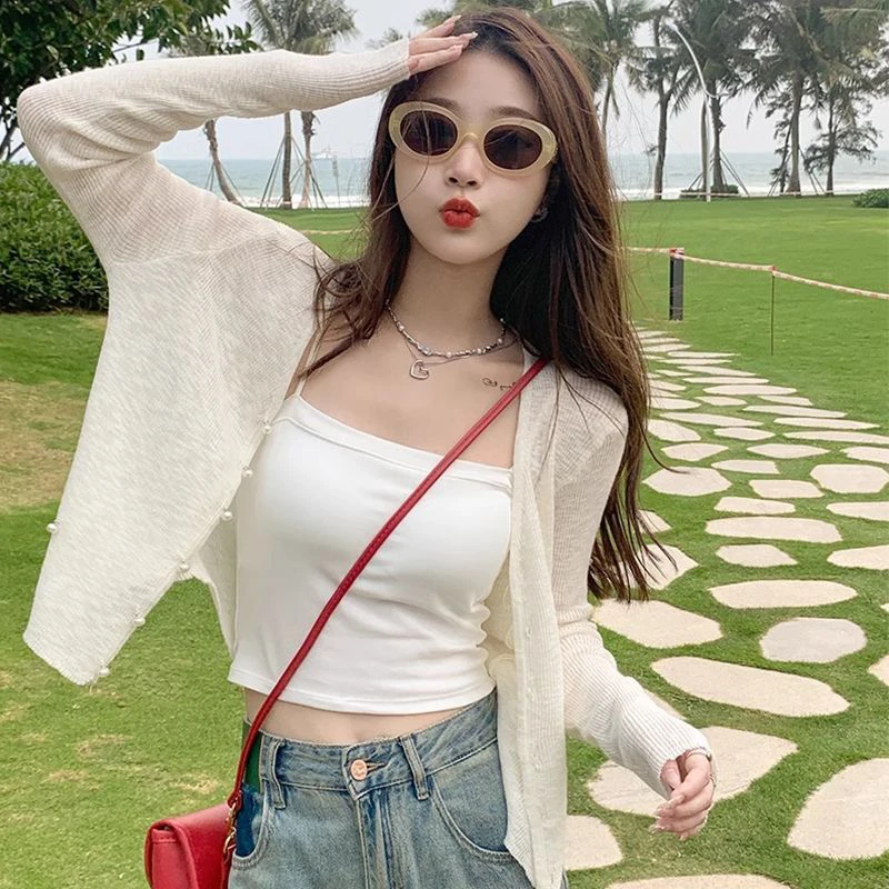 防晒开衫薄款女配吊带裙子外搭罩衫白色披肩法式坎肩冰丝薄纱外套