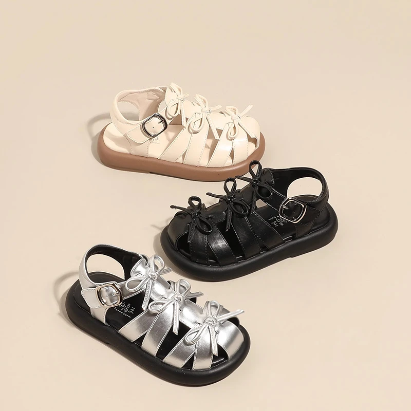 女童凉鞋奶油鞋公主鞋儿童时尚夏季女沙滩鞋包头皮革拼接镂空童鞋