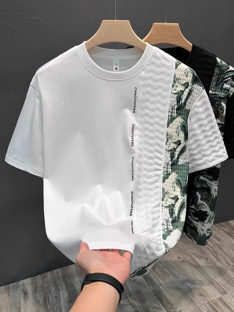 潮流时尚拼接印花短袖T恤男士2025夏季新款宽松休闲百搭体恤上衣