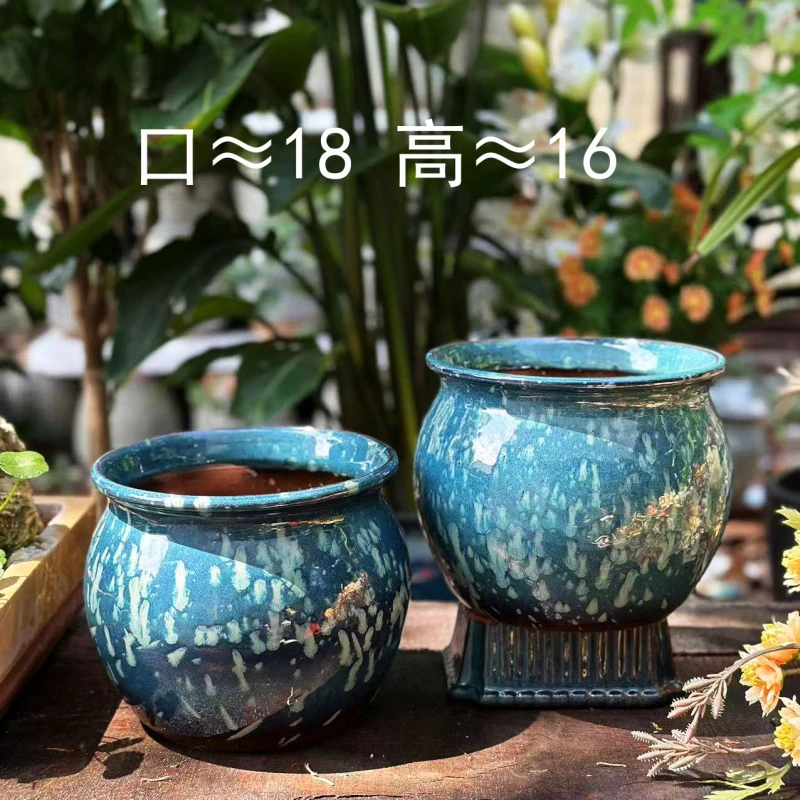 宜兴粗陶花盆   亮釉 雪花釉苹果胖子花盆2个