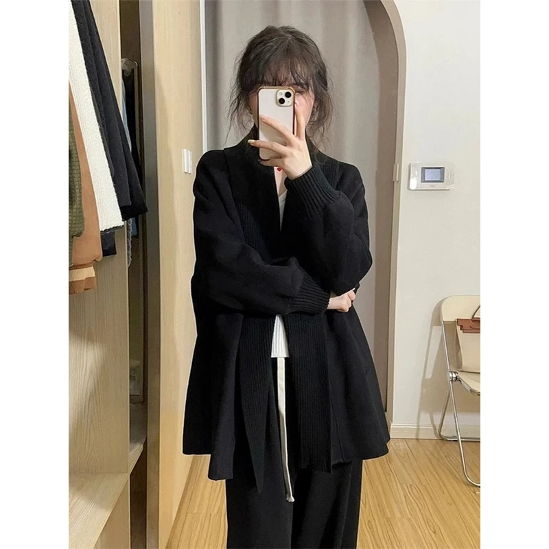 时尚洋气高级感黑色针织开衫女秋冬中长款慵懒风毛衣外套软糯上衣